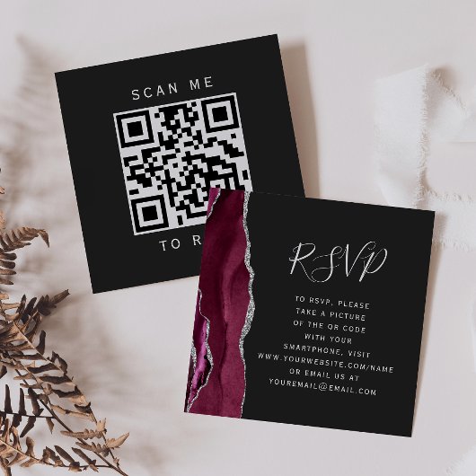 Budget Burgundy Silver Agate Dark QR Code RSVP Informatiekaartje