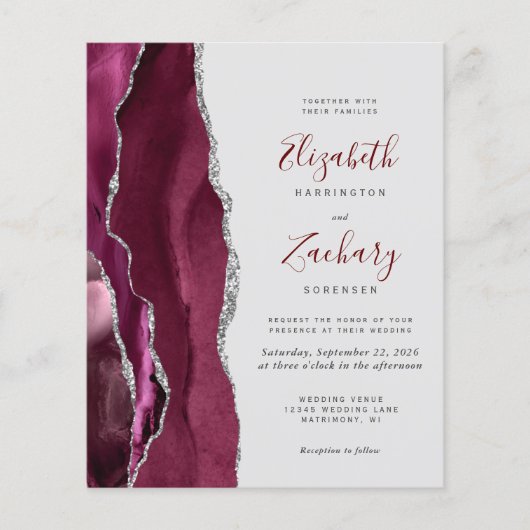 Budget Burgundy Silver Agate Gray Wedding Invite (Voorkant)
