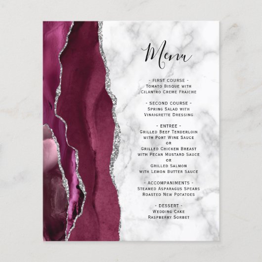 Budget Burgundy Silver Agate Marble Wedding Menu (Voorkant)