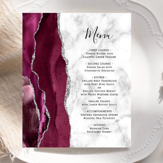 Budget Burgundy Silver Agate Marble Wedding Menu