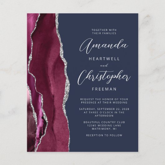 Budget Burgundy Silver Agate Navy Wedding Invite (Voorkant)