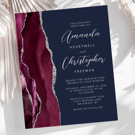 Budget Burgundy Silver Agate Navy Wedding Invite