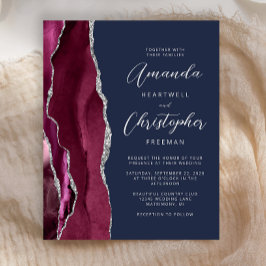 Budget Burgundy Silver Agate Navy Wedding Invite