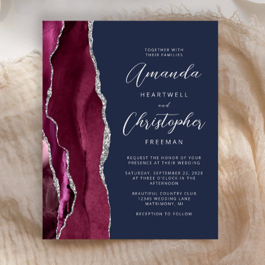 Budget Burgundy Silver Agate Navy Wedding Invite