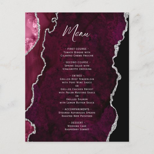 Budget Burgundy Silver Agate Wedding Menu (Voorkant)