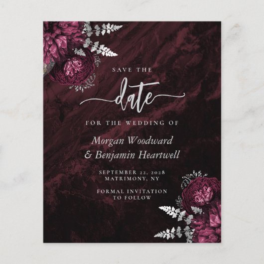 Budget Burgundy Silver Floral Save the Date (Voorkant)