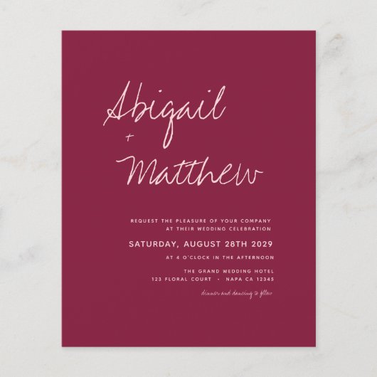 Budget Burgundy Simple Moderne Wedding Invitation (Voorkant)