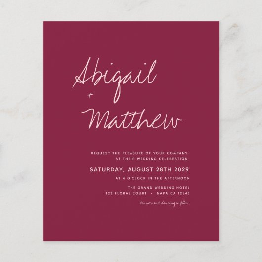 Budget Burgundy Simple Moderne Wedding Invitation Flyer (Voorkant)