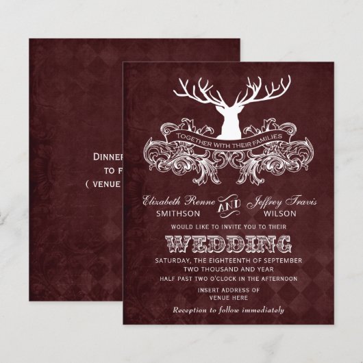 Budget Burgundy Stag Wedding Invitation (Voorkant / Achterkant)