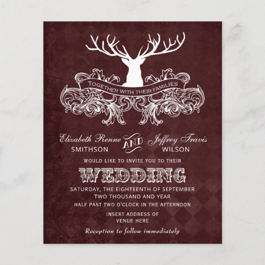 Budget Burgundy Stag Wedding Invitation (Voorkant)