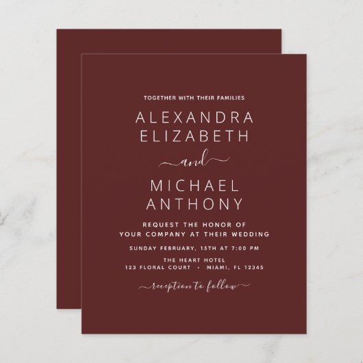 Budget Burgundy Wedding Modern Typografie (Voorkant / Achterkant)