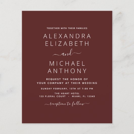 Budget Burgundy Wedding Modern Typografie (Voorkant)