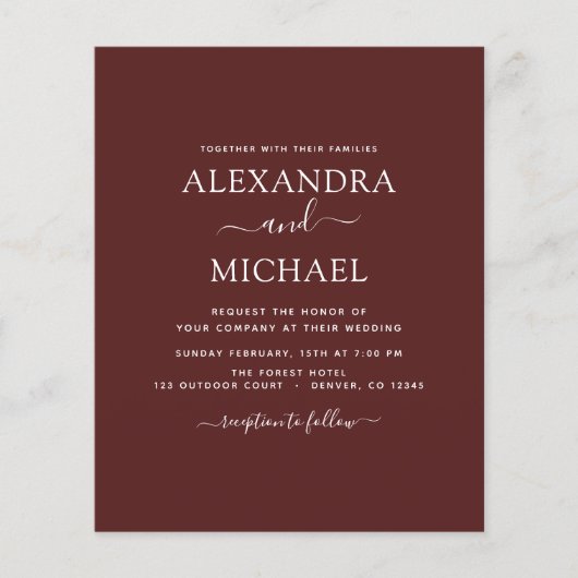 Budget Burgundy Wedding Modern Typografie Flyer (Voorkant)