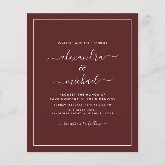 Budget Burgundy Wedding Modern Typography Flyer (Voorkant)