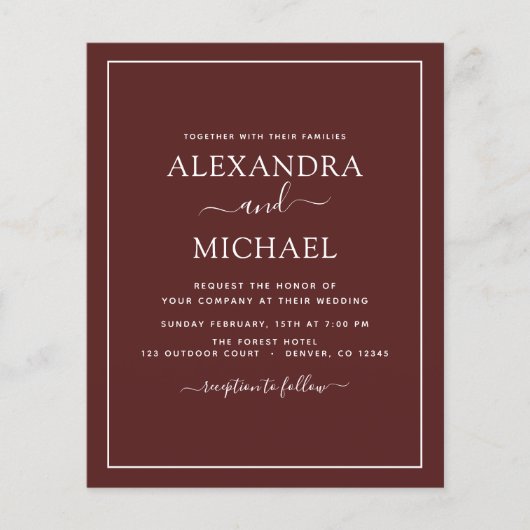 Budget Burgundy Wedding Modern Typography Flyer (Voorkant)