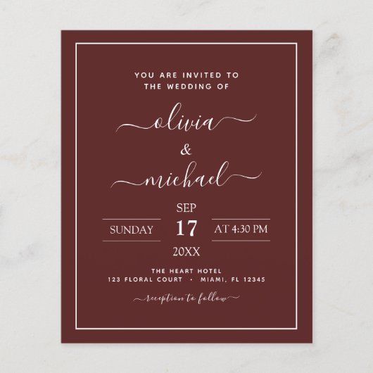 Budget Burgundy Wedding Modern Typography Flyer (Voorkant)