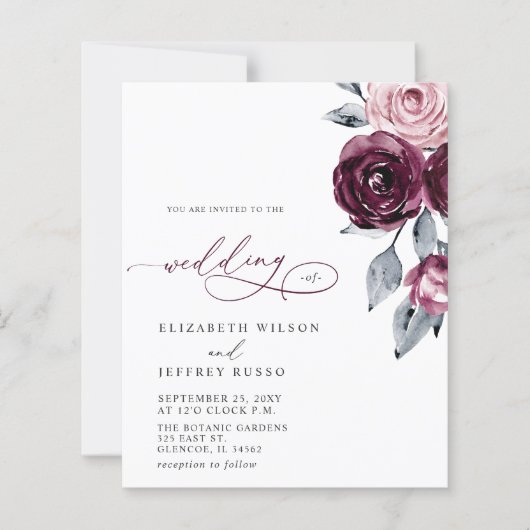 Budget Burgundy White Floral Wedding Invitations (Voorkant)