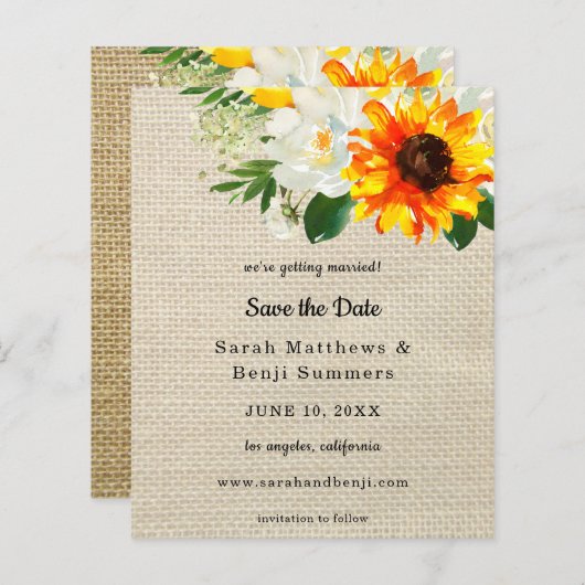 Budget Burlap Sunflower & Whi Floral Save the Date (Voorkant / Achterkant)