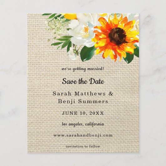 Budget Burlap Sunflower & Whi Floral Save the Date (Voorkant)