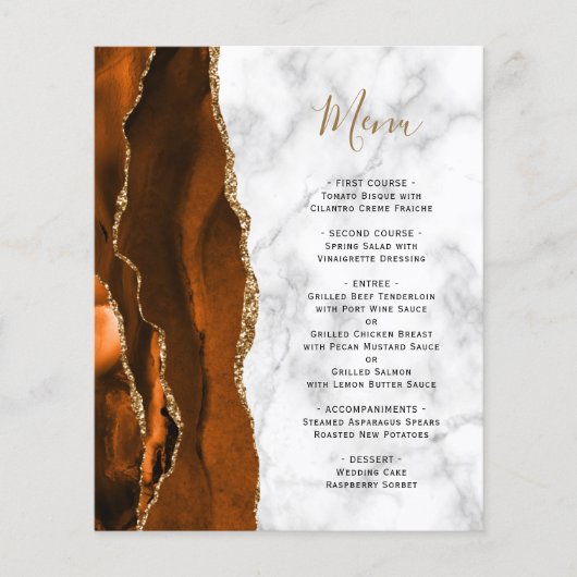 Budget Burnt Orange Gold Agate Marble Wedding Menu (Voorkant)