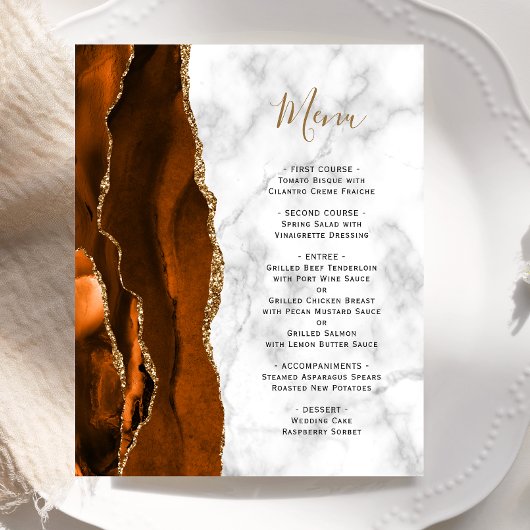 Budget Burnt Orange Gold Agate Marble Wedding Menu