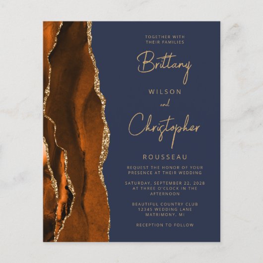 Budget Burnt Oranje Agate Blue Wedding Invite (Voorkant)