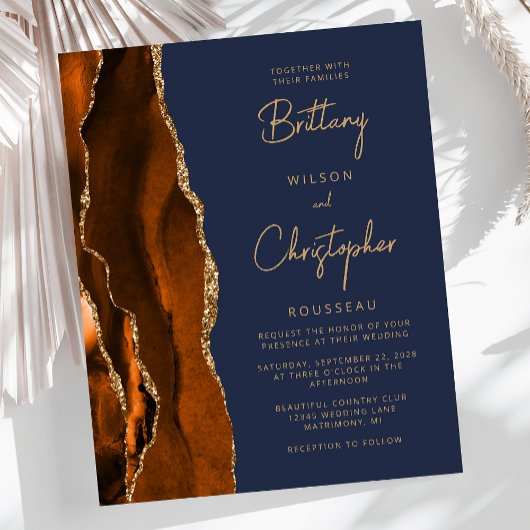 Budget Burnt Oranje Agate Blue Wedding Invite