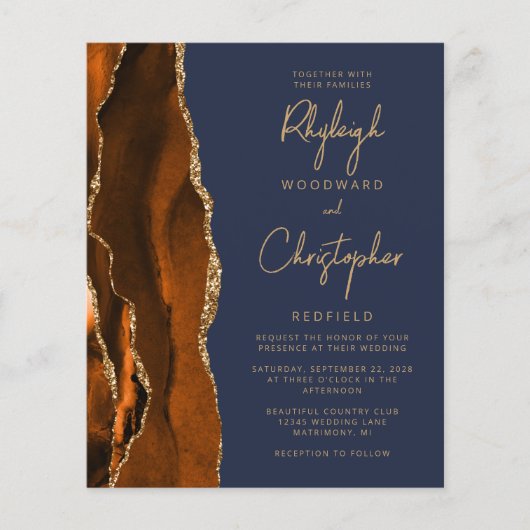 Budget Burnt Oranje Agate Blue Wedding Invite (Voorkant)