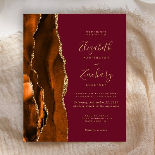 Budget Burnt Oranje Agate Burgundy Wedding Invite