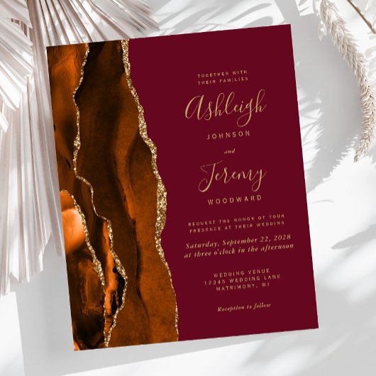 Budget Burnt Oranje Agate Burgundy Wedding Invite