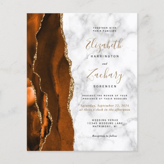Budget Burnt Oranje Agate Marble Wedding Invite (Voorkant)