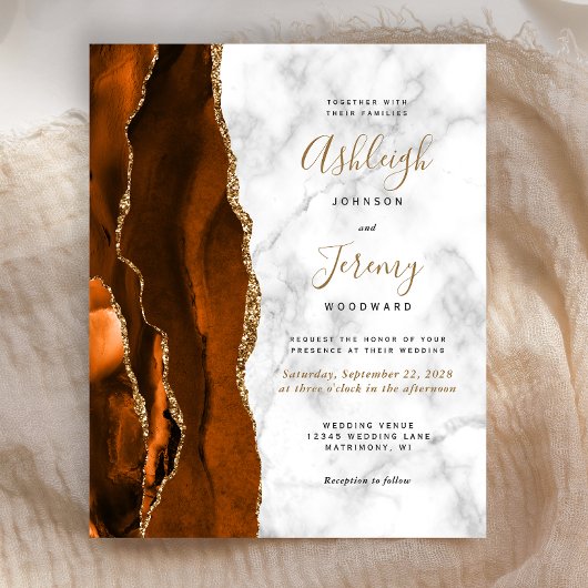 Budget Burnt Oranje Agate Marble Wedding Invite