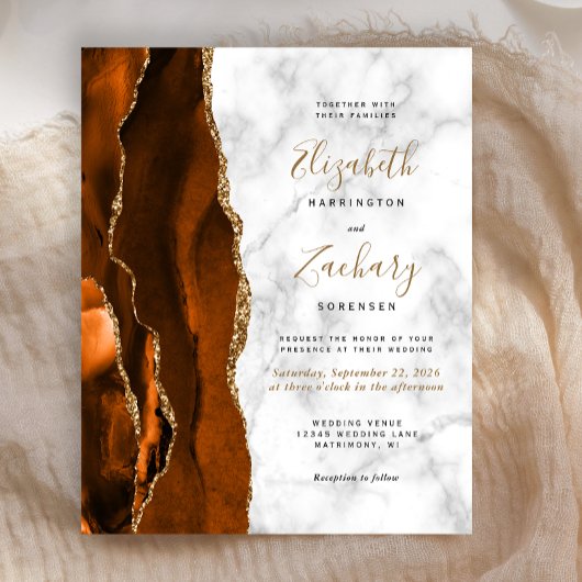 Budget Burnt Oranje Agate Marble Wedding Invite