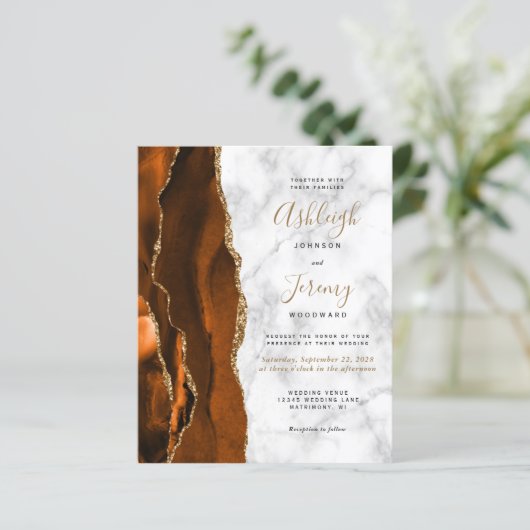 Budget Burnt Oranje Agate Marble Wedding Invite (Staand voorkant)