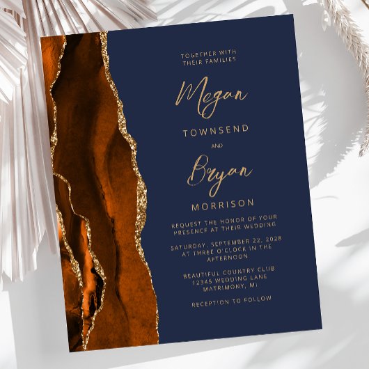 Budget Burnt Oranje Agate Navy Blue Wedding Invite