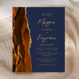Budget Burnt Oranje Agate Navy Blue Wedding Invite