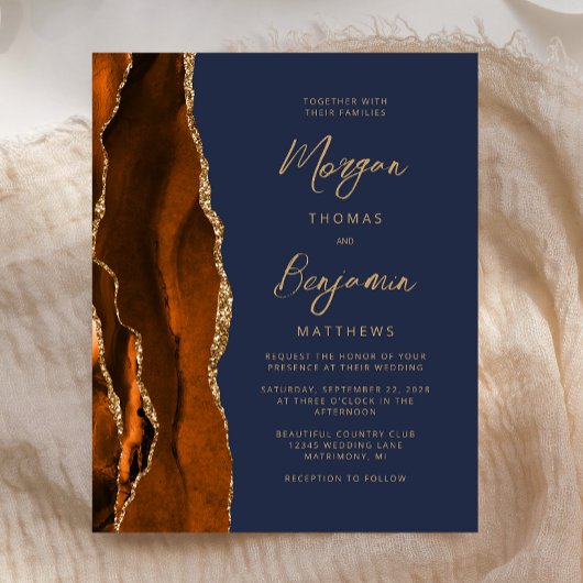 Budget Burnt Oranje Agate Navy Blue Wedding Invite