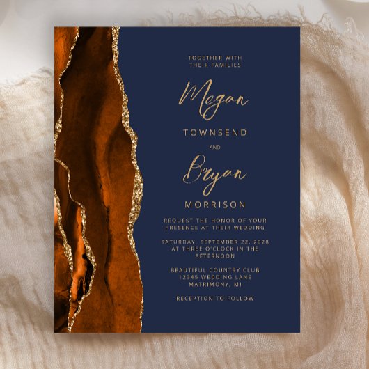 Budget Burnt Oranje Agate Navy Blue Wedding Invite