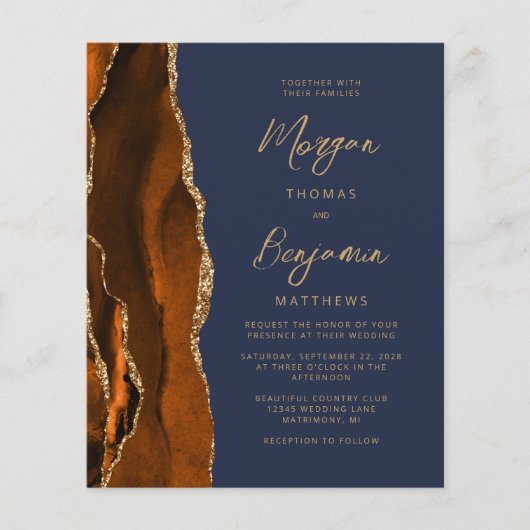 Budget Burnt Oranje Agate Navy Blue Wedding Invite (Voorkant)