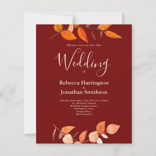 Budget Burnt Oranje Leaf Red Wedding RSVP nodigt u (Voorkant)