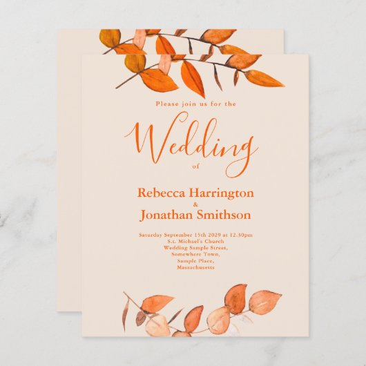 Budget Burnt Oranje Leaf Wedding RSVP Uitnodiging (Voorkant / Achterkant)