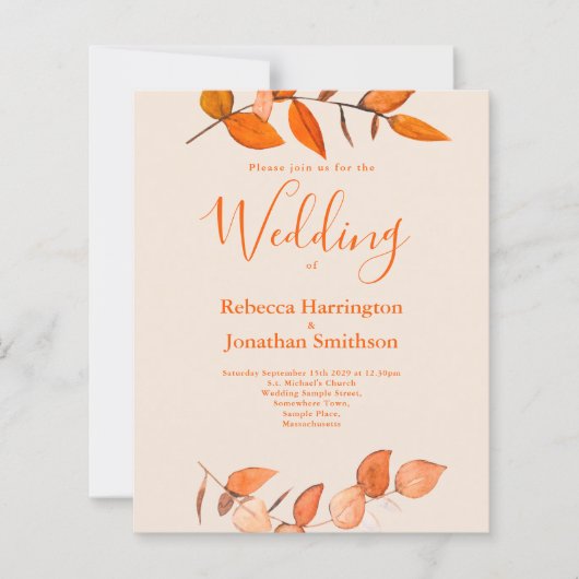 Budget Burnt Oranje Leaf Wedding RSVP Uitnodiging (Voorkant)