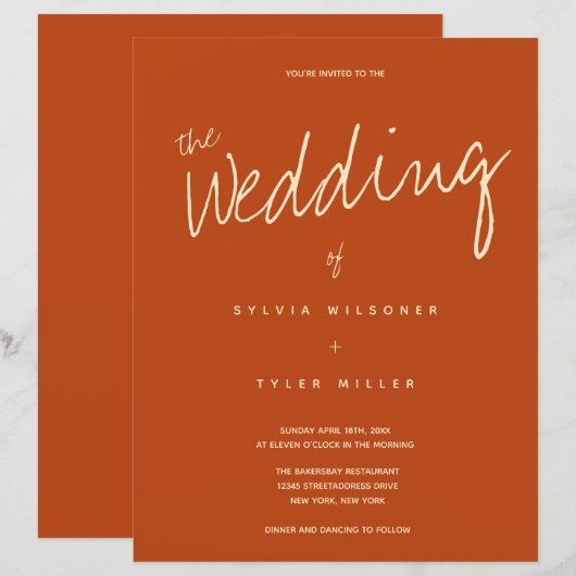 Budget Burnt Oranje Typography Wedding Invitation (Voorkant / Achterkant)