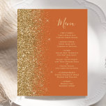 Budget Burnt Sinaasappel Goud Glitter Bruiloft Men<br><div class="desc">De linkerrand van dit elegante moderne huwelijksmenu heeft een gouden faux glitter rand. De aanpasbare tekst combineert goudkleurige grillige handschriftscripts en koperplaatlettertypen op een gebrande oranje achtergrond. De achterzijde is voorzien van een bijpassend gebrand sinaasappel en gouden glitter ontwerp.</div>