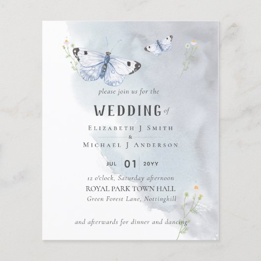 BUDGET Butterflies Dusty Blue Wedding Flyer (Voorkant)
