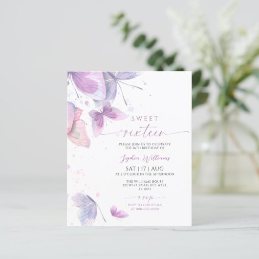 Budget Butterflies Sweet 16 Verjaardag Uitnodiging (Staand voorkant)