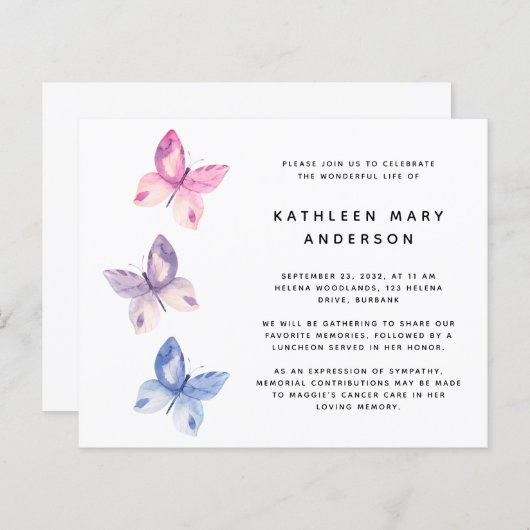 BUDGET Butterfly Celebration of Life Invitation (Voorkant / Achterkant)