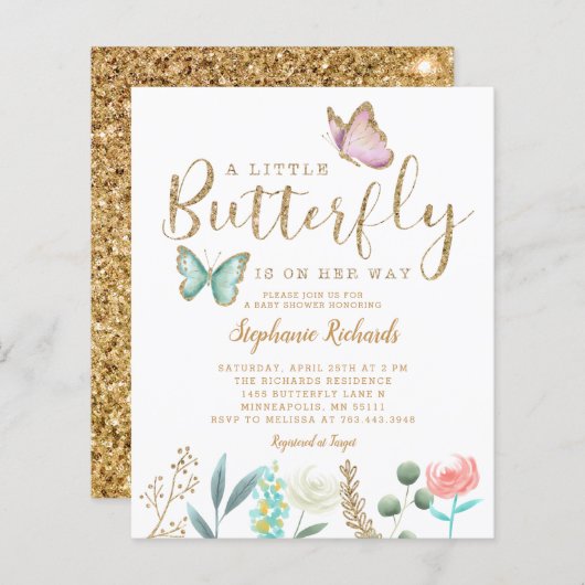 Budget Butterfly Garden Gold Baby shower Invite (Voorkant / Achterkant)