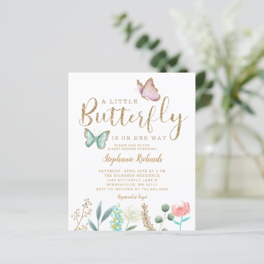 Budget Butterfly Garden Gold Baby shower Invite (Staand voorkant)