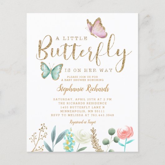 Budget Butterfly Garden Gold Baby shower Invite (Voorkant)